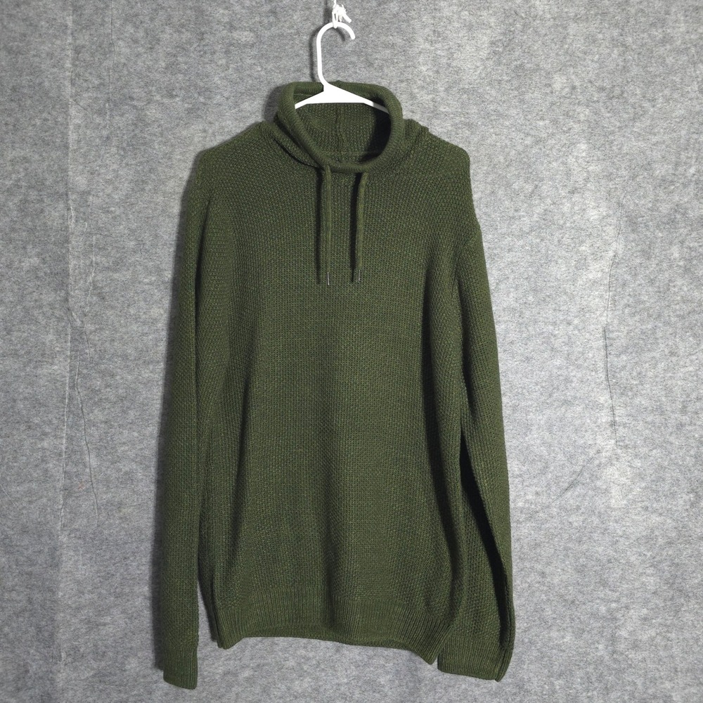Firetrap Cowl Neck Sweater Mens L Green Waffle Knit Pullover Logo Patch